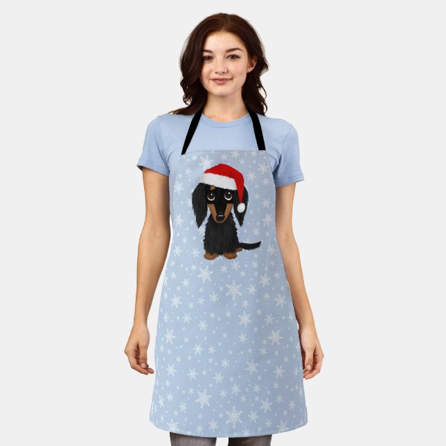 Black and Tan Longhaired Dachshund Dog Christmas Apron (Worn)