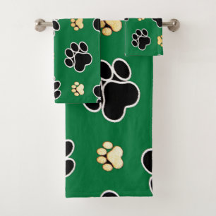 Black and tan luxury canine dog paw print bath towel set