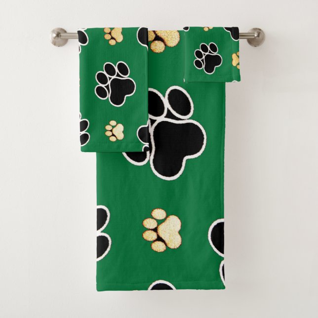 Black and tan luxury canine dog paw print bath towel set (Insitu)