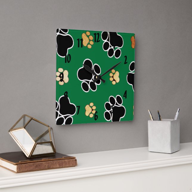 Black and tan luxury canine dog paw print square wall clock (Office)