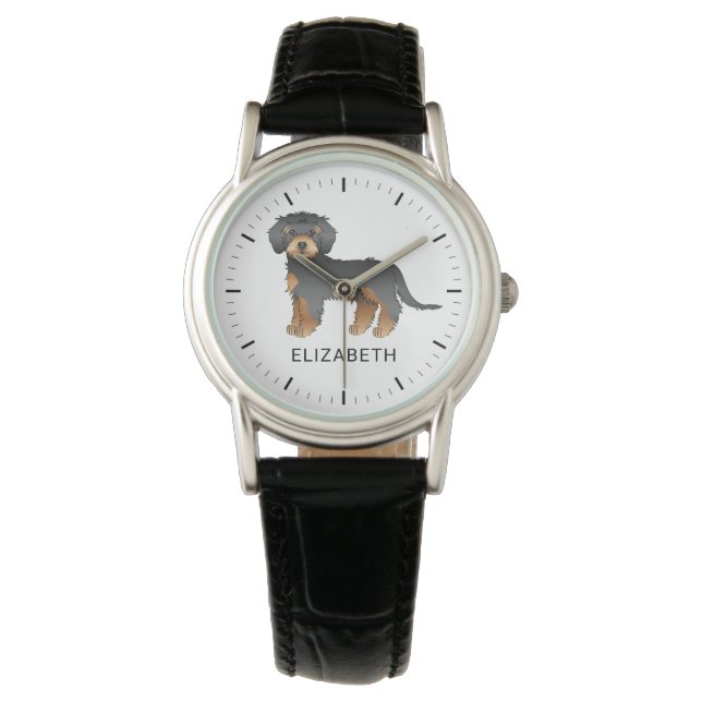 Black And Tan Mini Goldendoodle Cartoon Dog & Name Watch (Front)