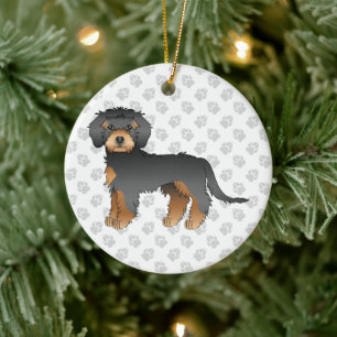 Black And Tan Mini Goldendoodle Cartoon Dog & Text Ceramic Ornament