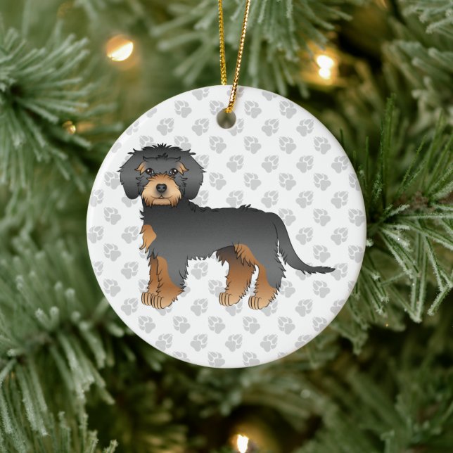 Black And Tan Mini Goldendoodle Cartoon Dog & Text Ceramic Ornament (Tree)
