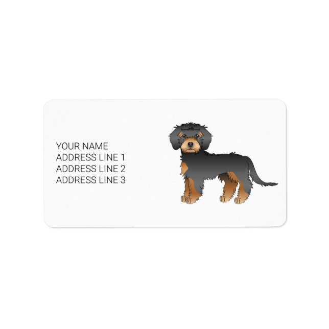 Black And Tan Mini Goldendoodle Cartoon Dog & Text Label (Front)