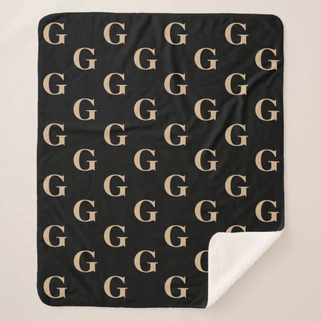 Black and Tan Monogram Pattern Sherpa Blanket (Front)