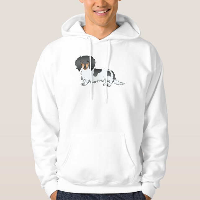Black And Tan Piebald Long Hair Dachshund Dog Hoodie (Front)