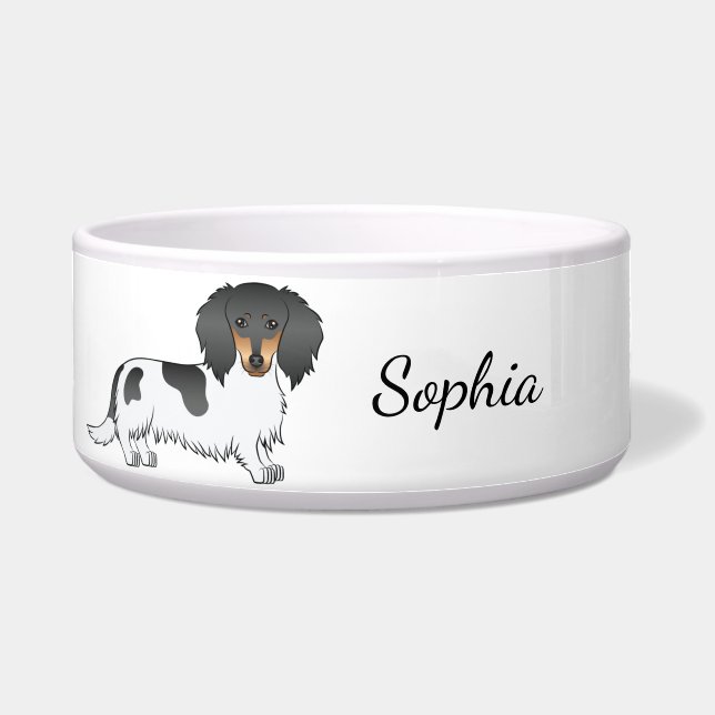 Black And Tan Piebald Long Hair Dachshund & Name (Front)