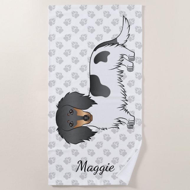 Black And Tan Piebald Long Hair Dachshund & Name Beach Towel (Front)