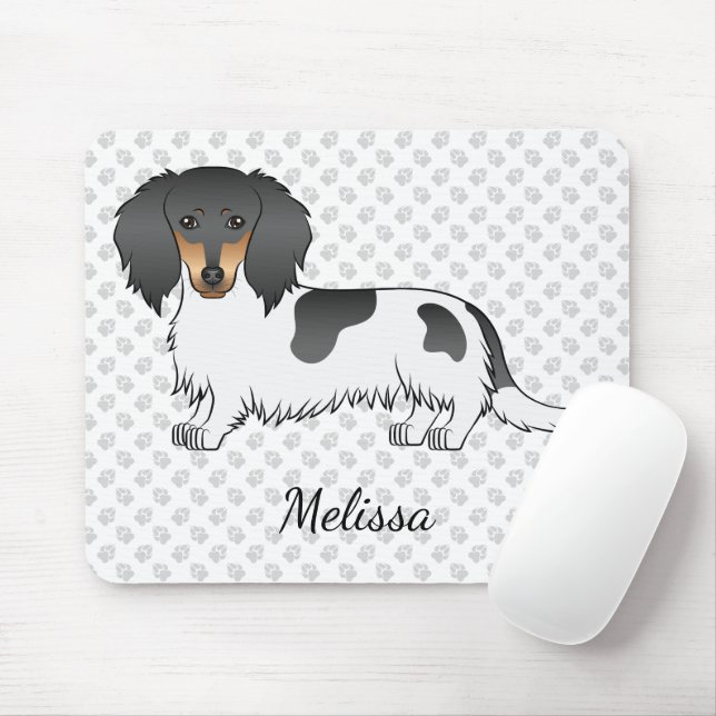 Black And Tan Piebald Long Hair Dachshund & Name Mouse Pad (With Mouse)