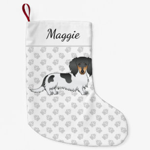 Black And Tan Piebald Long Hair Dachshund & Name Small Christmas Stocking