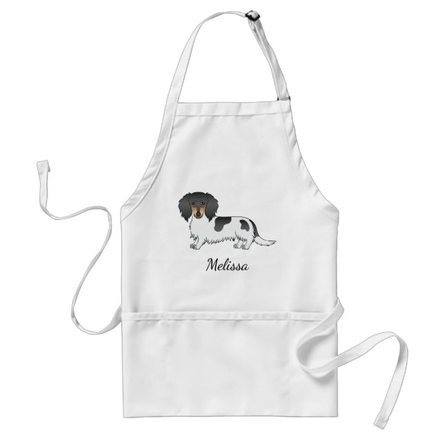 Black And Tan Piebald Long Hair Dachshund & Name Standard Apron (Front)