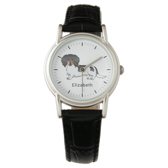 Black And Tan Piebald Long Hair Dachshund & Name Watch (Front)