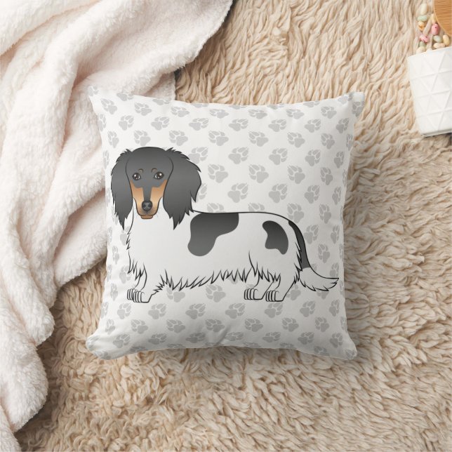 Black And Tan Piebald Long Hair Dachshund & Paws Cushion (Blanket)
