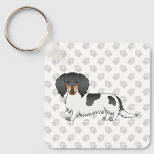 Black And Tan Piebald Long Hair Dachshund & Paws Key Ring
