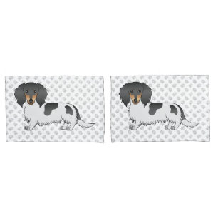 Black And Tan Piebald Long Hair Dachshund & Paws Pillowcase
