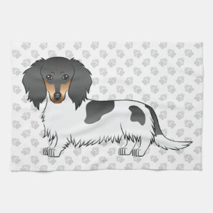 Black And Tan Piebald Long Hair Dachshund & Paws Tea Towel
