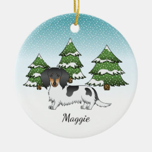 Black And Tan Pied Long Hair Dachshund In Winter Ceramic Ornament