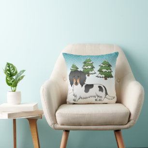 Black And Tan Pied Long Hair Dachshund In Winter Cushion