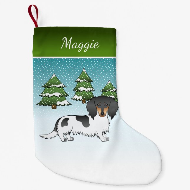 Black And Tan Pied Long Hair Dachshund In Winter Small Christmas Stocking (Front)
