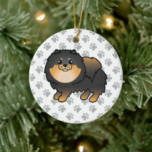 Black And Tan Pomeranian Cute Cartoon Dog & Paws Ceramic Ornament