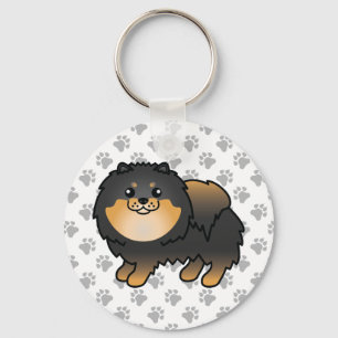 Black And Tan Pomeranian Cute Cartoon Dog & Paws Key Ring