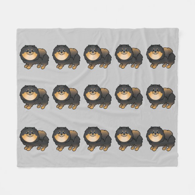 Black And Tan Pomeranian Dogs Pattern On Grey Fleece Blanket (Front (Horizontal))