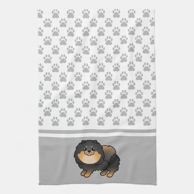 Black And Tan Pomeranian With Grey Paws Pattern Tea Towel (Vertical)