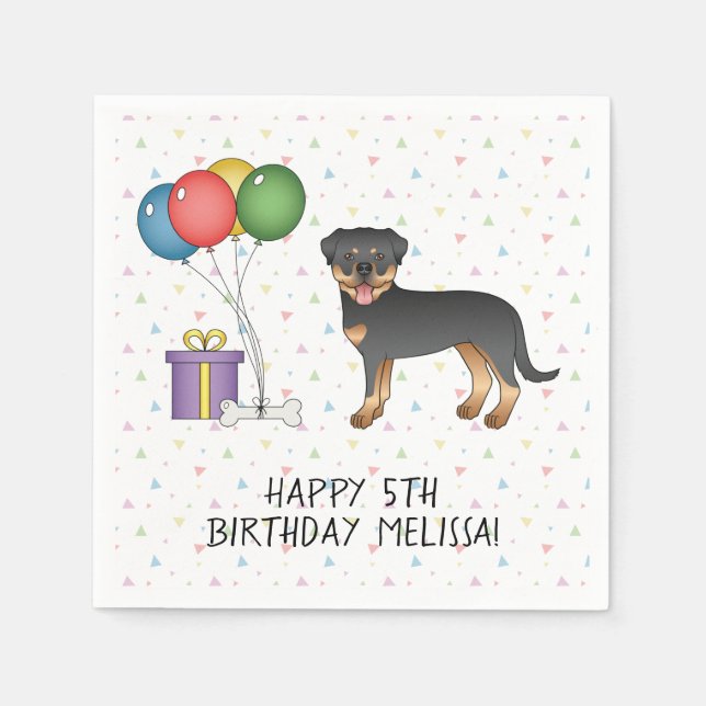 Black And Tan Rottweiler Cartoon Dog - Birthday Napkin (Front)