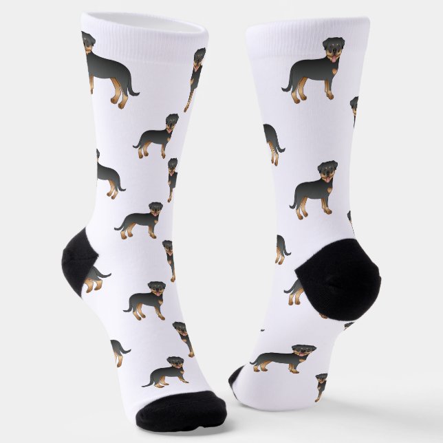Black And Tan Rottweiler Cute Cartoon Dog Pattern Socks (Angled)