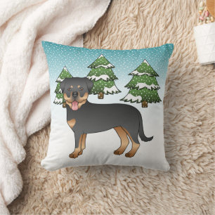 Black And Tan Rottweiler Dog In A Winter Forest Cushion