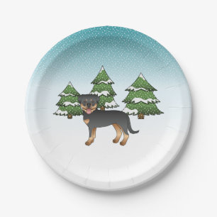 Black And Tan Rottweiler Dog In A Winter Forest Paper Plate