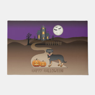 Black And Tan Rottweiler Halloween Haunted House Doormat