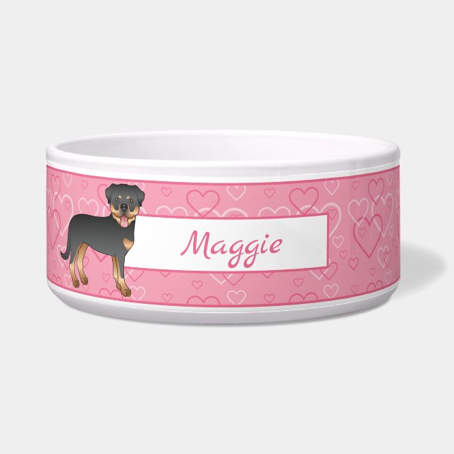 Black And Tan Rottweiler On Pink Hearts & Name (Front)
