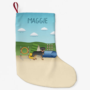 Black And Tan Rottweiler With Agility Equipment Small Christmas Stocking