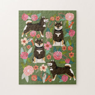 Black and Tan Shiba Inu Florals Jigsaw Puzzle