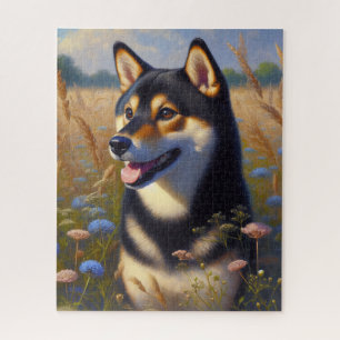 Black and Tan Shiba Inu Wildflower Field Jigsaw Puzzle