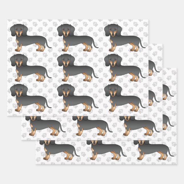 Black And Tan Short Hair Dachshund Pattern & Paws Wrapping Paper Sheet (Set)