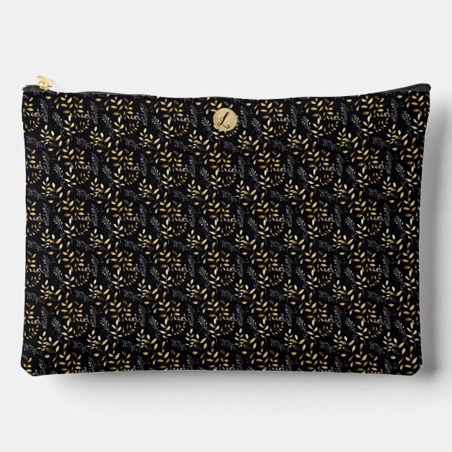 Black and Tan Small Leaf Print Large Accessory Pouch (Front)