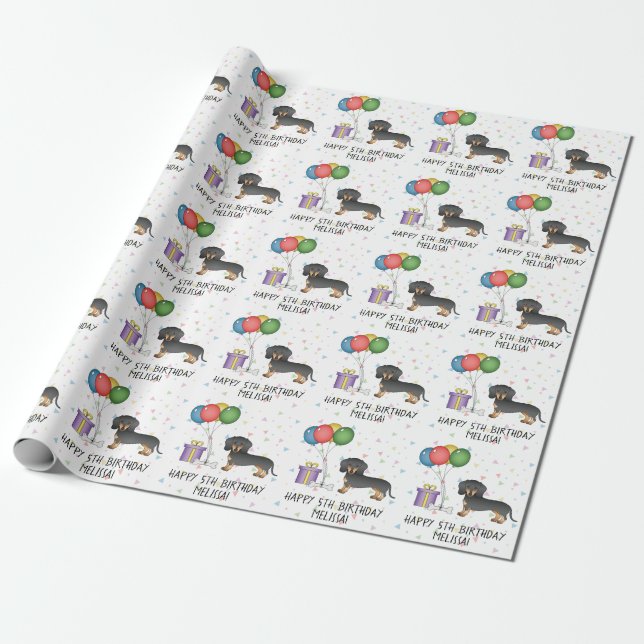 Black And Tan Smooth Coat Dachshund Happy Birthday Wrapping Paper (Unrolled)