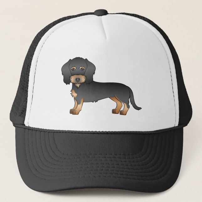 Black And Tan Wire Haired Dachshund Cartoon Dog Trucker Hat (Front)