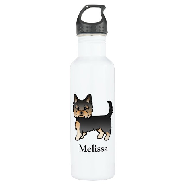 Black And Tan Yorkshire Terrier Cartoon Dog & Name 710 Ml Water Bottle (Front)