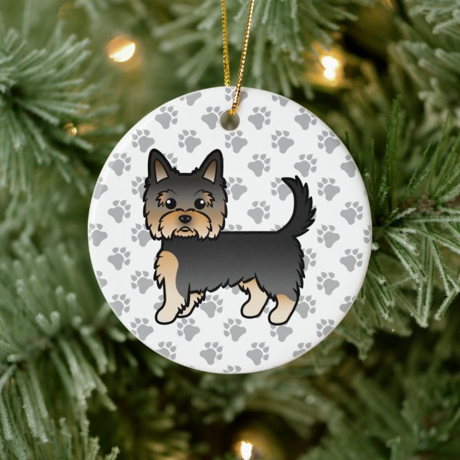 Black And Tan Yorkshire Terrier Cartoon Dog & Paws Ceramic Ornament (Tree)