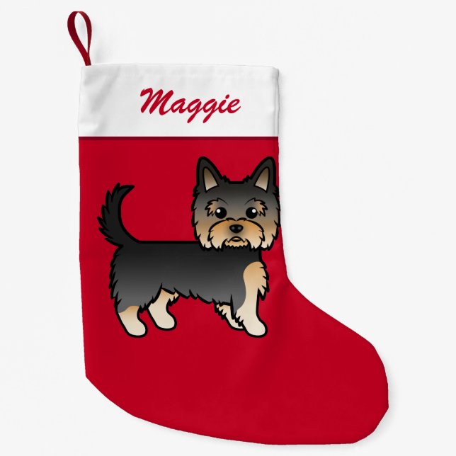 Black And Tan Yorkshire Terrier On Red & Name Small Christmas Stocking (Front)