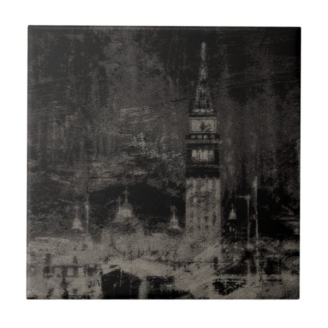 Black and Taupe Distressed Skyline Venice Italy Ceramic Tile (Front)