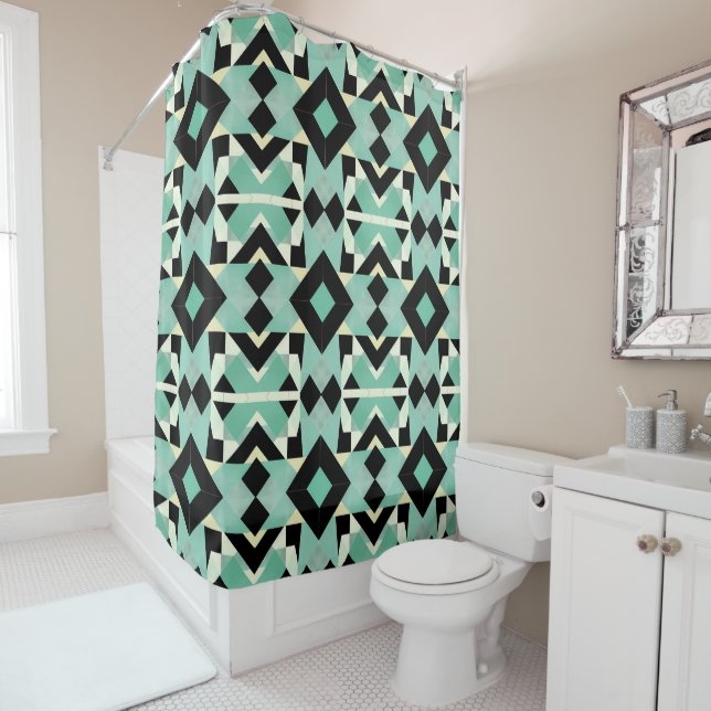 Black and Teal Art Deco Shower Curtain (In Situ)