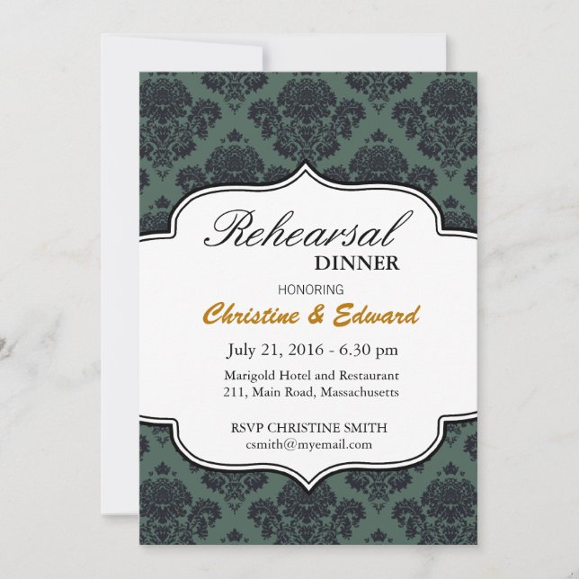 Black and Teal Damask Wedding Rehearsal Dinner Invitation (Front)