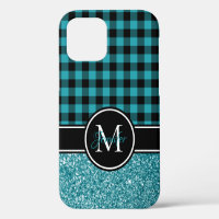 Black and Teal Glitter Buffalo Plaid Monogram