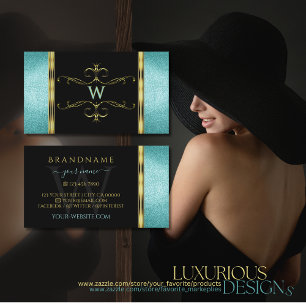 Black and Teal Glitter Gold Decor Border Monogram Business Card