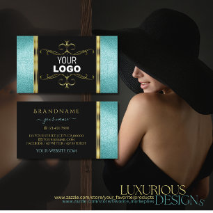 Black and Teal Glitter Gold Decor Border with Logo Business Card