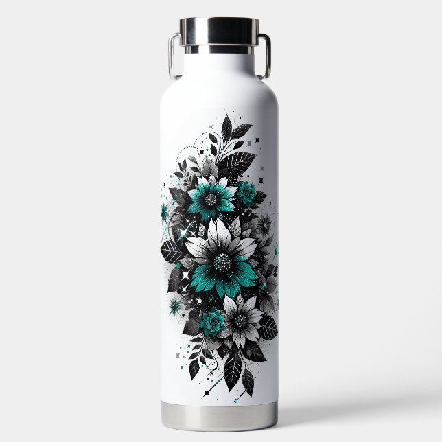 Black and Teal Glittery floral Water Bottle (Front)